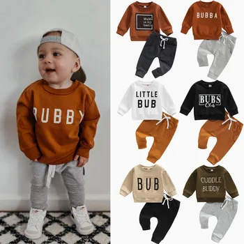 Осенне-зимний комплект одежды для маленьких мальчиков от 0 до 3 лет, пуловер с длинными рукавами и буквенным принтом, топы, толстовка, Брюки, Повседневная одежда для малышей