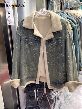Осень-зима, новая корейская мода, бриллиантовая шерсть кролика, свободная джинсовая куртка на флисовой подкладке, уличная одежда, утолщенное джинсовое пальто с длинными рукавами