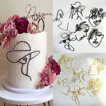 Портретный топпер для торта с Днем рождения, золотой, серебристый, черный, абстрактное искусство, акриловые топперы для торта для мальчиков и девочек, украшение для десерта для девочек