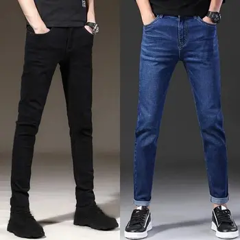 Размер 27-36, мужские джинсы, Весна-лето-осень, Модные повседневные Классические Облегающие Прямые Эластичные Длинные джинсовые брюки, Черный, синий