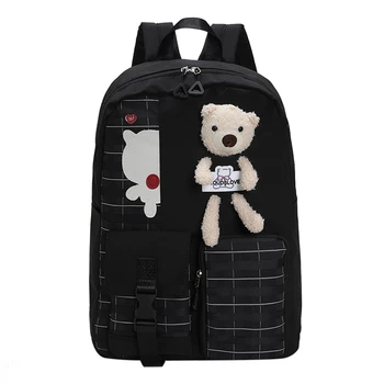 Решетчатый рюкзак с милым медведем для студентов колледжа, модные дорожные сумки для книг, большой емкости, регулируемый ремень в японском стиле для каникул