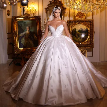 С круглым вырезом и длинным рукавом, расшитое бисером, блестками, Атласное бальное платье, свадебные платья Vestido De Noiva