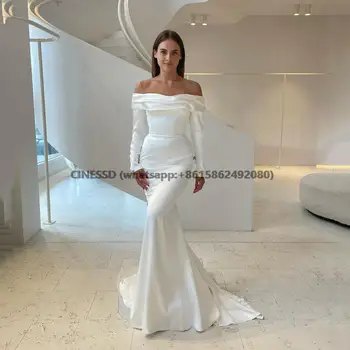 Свадебные платья из атласа русалки Со складками, длинные рукава с открытыми плечами, белое платье невесты, женское платье на заказ Robe De Mariee