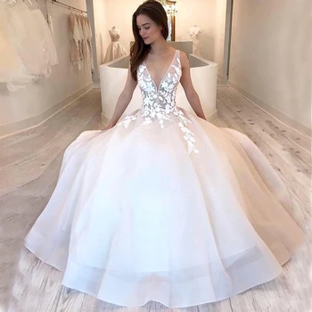 Свадебные платья с глубоким V-образным вырезом, иллюзионная аппликация на лифе, простое свадебное платье в полный рост, длинное женское платье без спинки на заказ