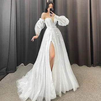 Сексуальные свадебные платья 2023, женское платье невесты с аппликацией из тюля и разрезом по бокам, Длинное платье Трапециевидной формы, Элегантные платья на заказ для особых случаев