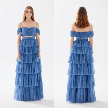 Синий комплект из 2 предметов для выпускного вечера, Многослойные платья подружек невесты из тюля в горошек, длина до пола, официальная вечеринка Vestido De Novia