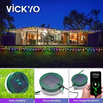 Солнечные походные фонари VICKYO, уличные гирлянды RGB с управлением Smart APP, Водонепроницаемая мобильная зарядка для кемпинга, вечеринки в саду.