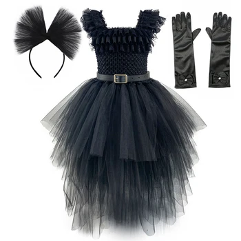 Среда костюмы для девочек карнавальные платья черный Принцесса Туту платье Аддамс косплей Хэллоуин костюм для детей, модная одежда