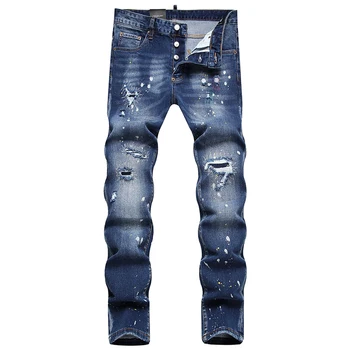 Уличная мода, мужские джинсы, синие стрейчевые Облегающие Рваные обтягивающие брюки, Весенне-осенний модный тренд, брюки со средней талией, окрашенные краской