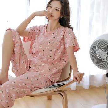Хлопчатобумажная Новая пижама для женщин Летом, комплект Капри с короткими рукавами, японская домашняя одежда в нежный цветочный принт с круглым вырезом, дышащая ткань