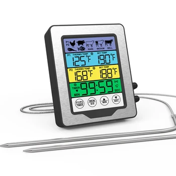 Цифровой датчик температуры продуктов с цветным сенсорным экраном, термометр для приготовления мяса с двойным датчиком температуры, цифровой термометр для духовки
