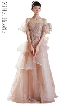 Элегантное розовое женское платье для выпускного вечера, приталенное трапециевидное платье с пышными рукавами и блестками, вечерние платья подружек невесты для вечеринок