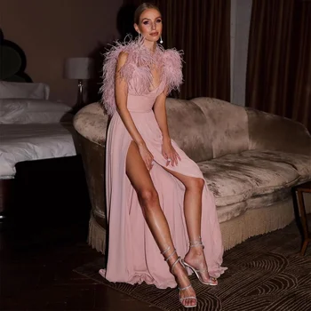 Элегантные розовые платья с разрезом перьев по бокам, выпускные платья без рукавов, вечерние платья для вечеринок, Дубай, Женщины 2024